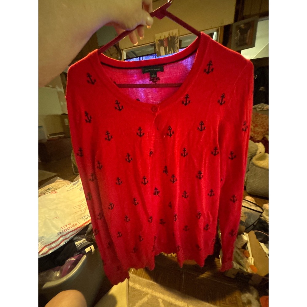 Tommy Hilfiger Womens Red Anchor Embroidered V-Neck Cardigan Sweater Size M